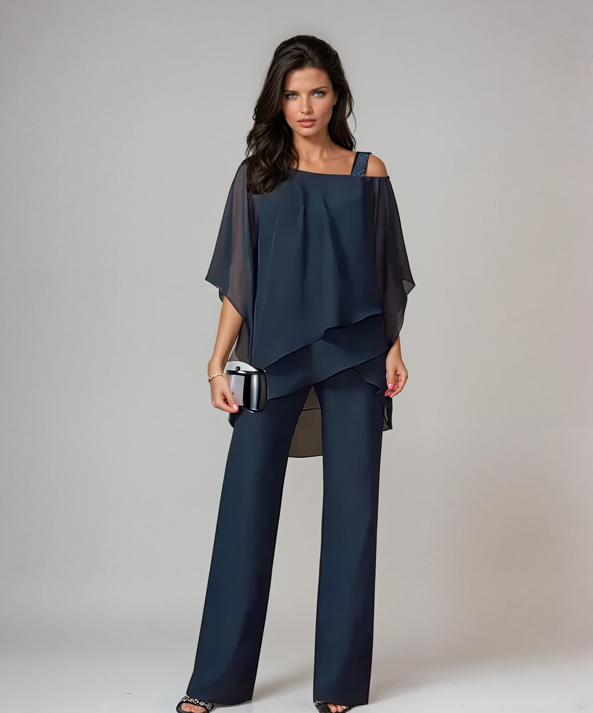 Scarlett two-piece layered set in navy blue, full-length front view