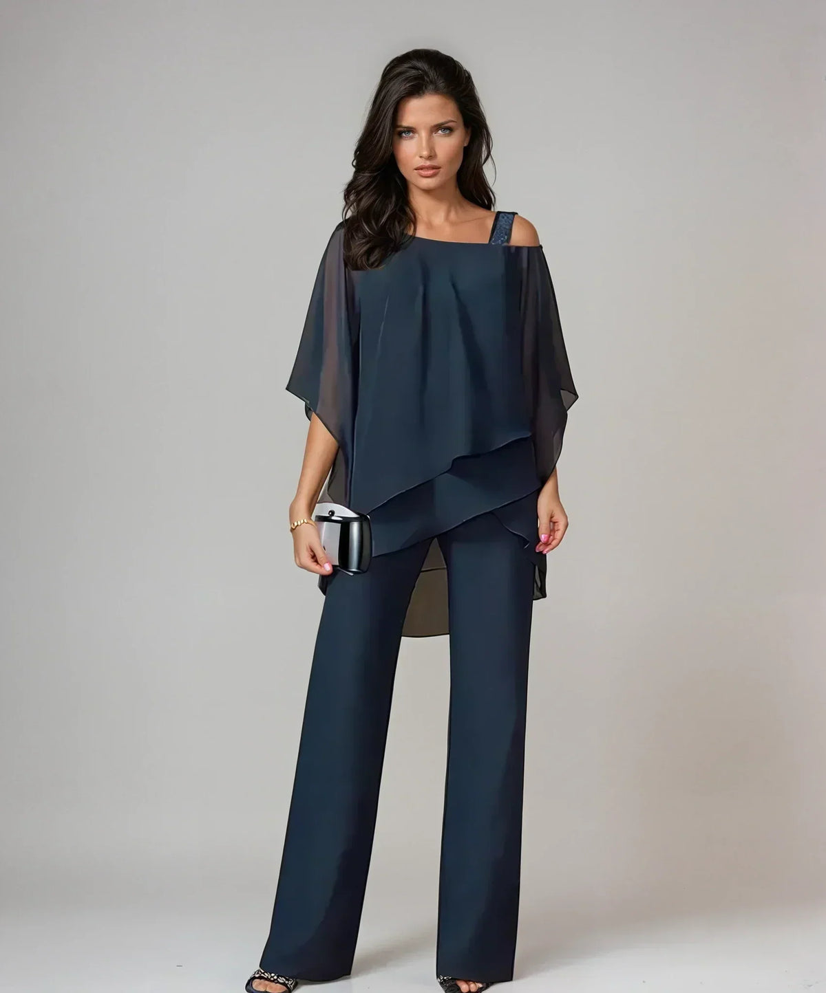 Mary two-piece layered set in navy blue, front view with clutch