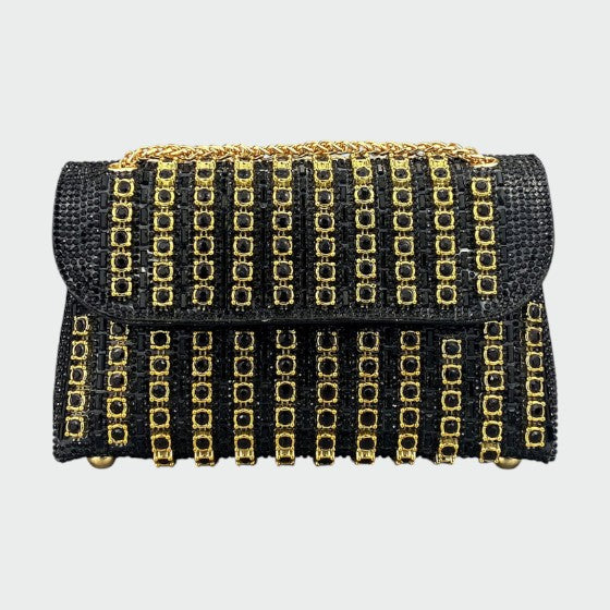 Laviera chain shoulder bag in black with gold chain rows, front view
