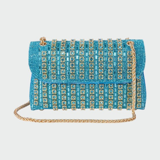 Laviera chain shoulder bag in sky blue with gold chain strap, front view