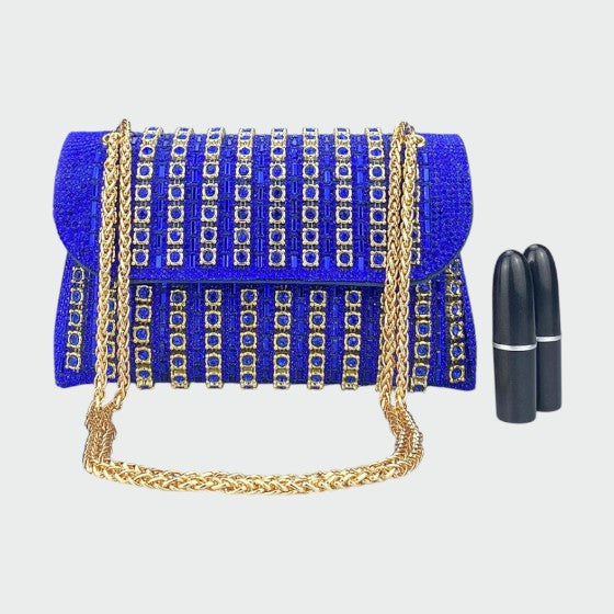 Laviera chain shoulder bag in blue with gold chain strap, front view