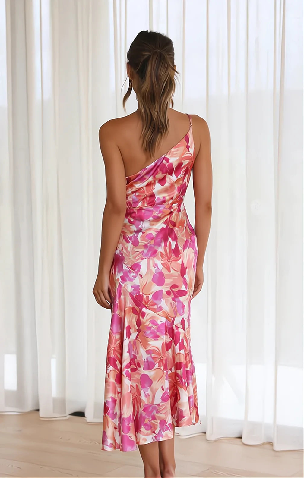 Violet floral satin dress in pink, back view
