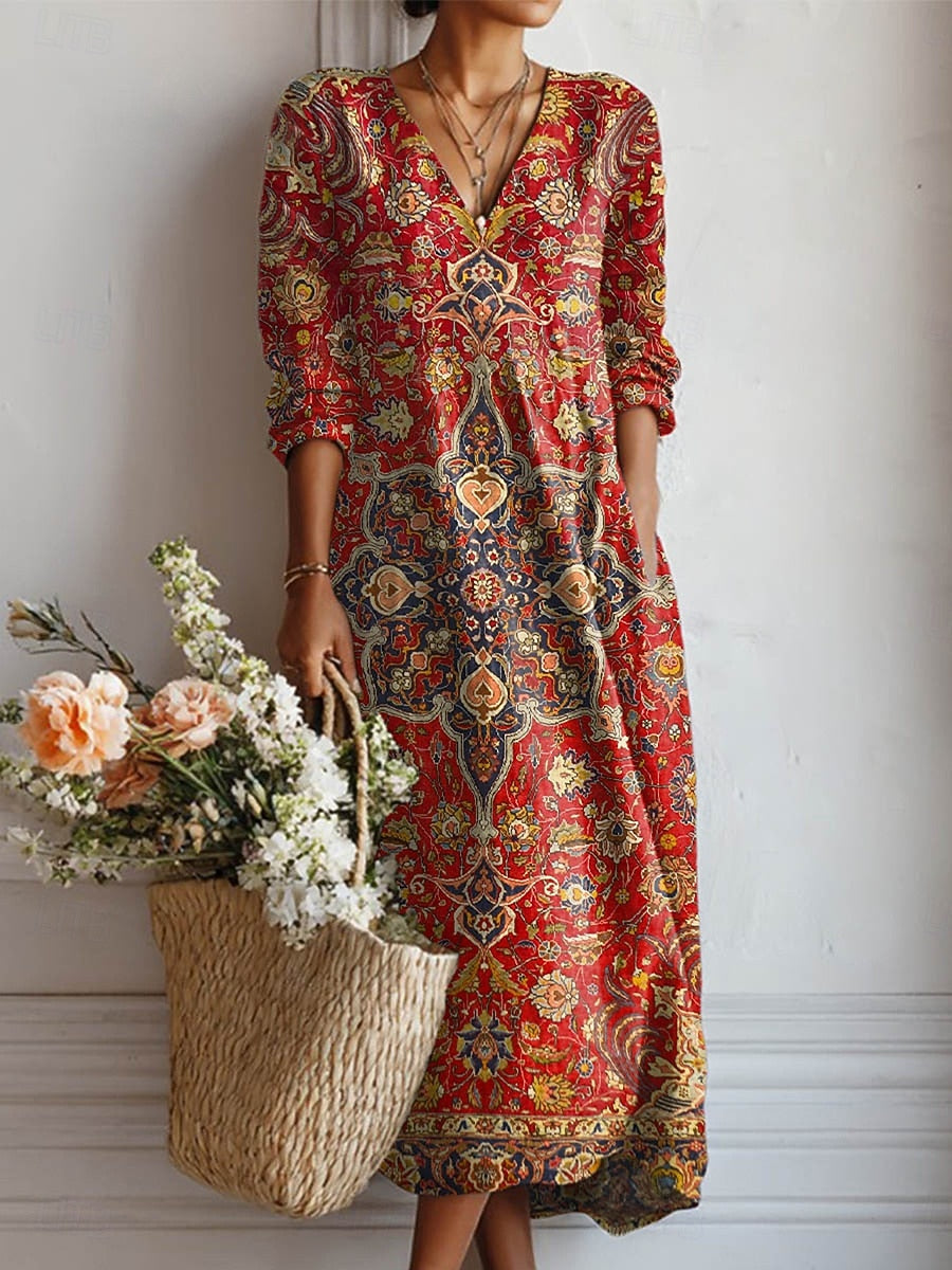 Diva boho print dress in red, full-length front view with basket of flowers