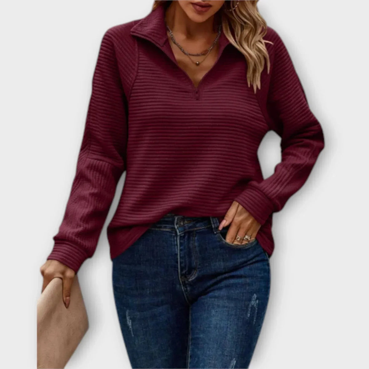 Veylin halfzip pullover in red, front view with open zip collar