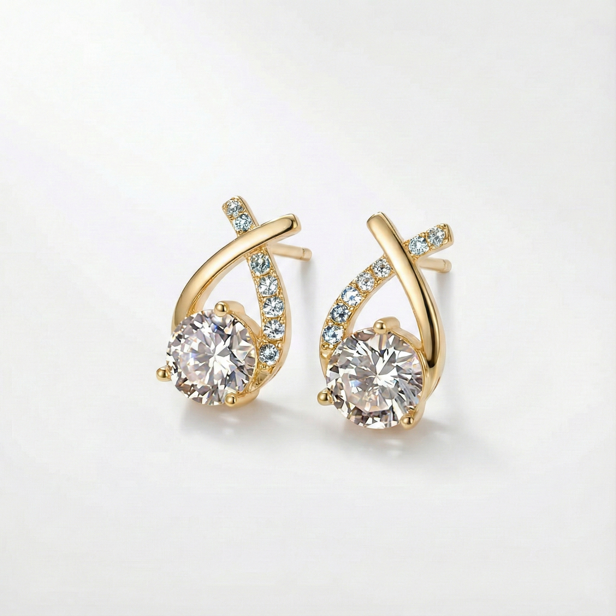 Leni gold cross earrings with round zirconia, pair front view