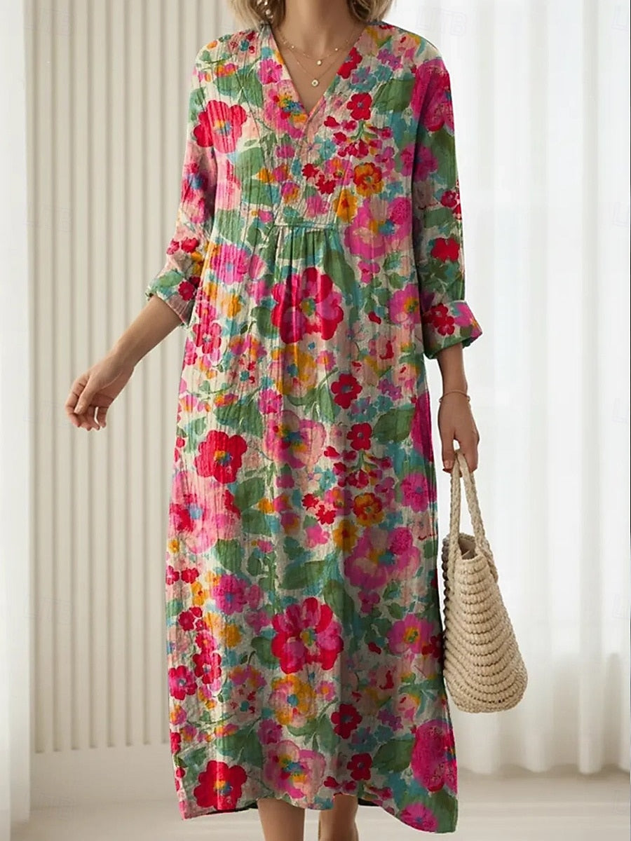 Elsie floral midi dress in multicolour, relaxed silhouette front view indoors
