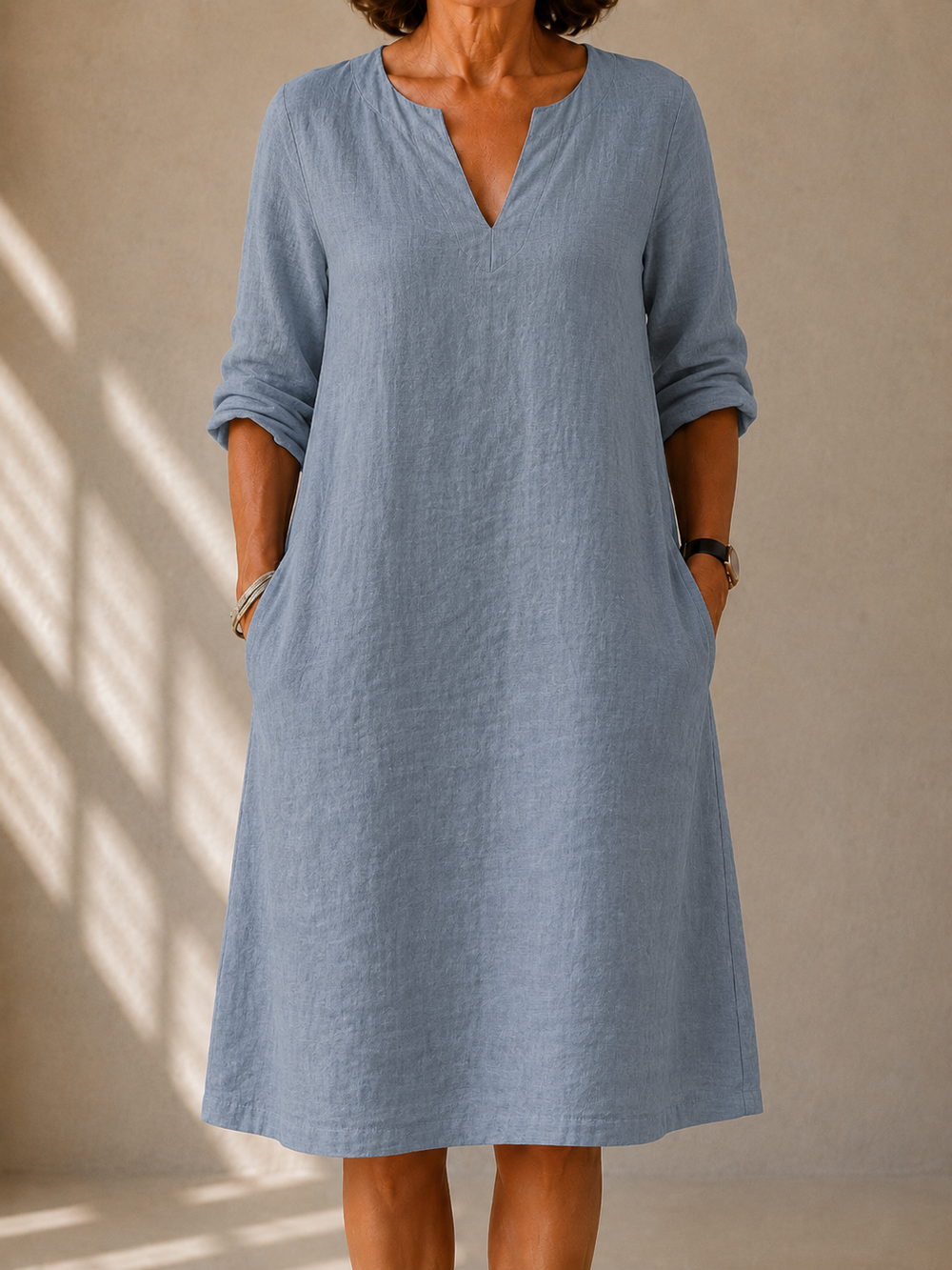 Élina Tunisian-collar dress in blue-grey, front view