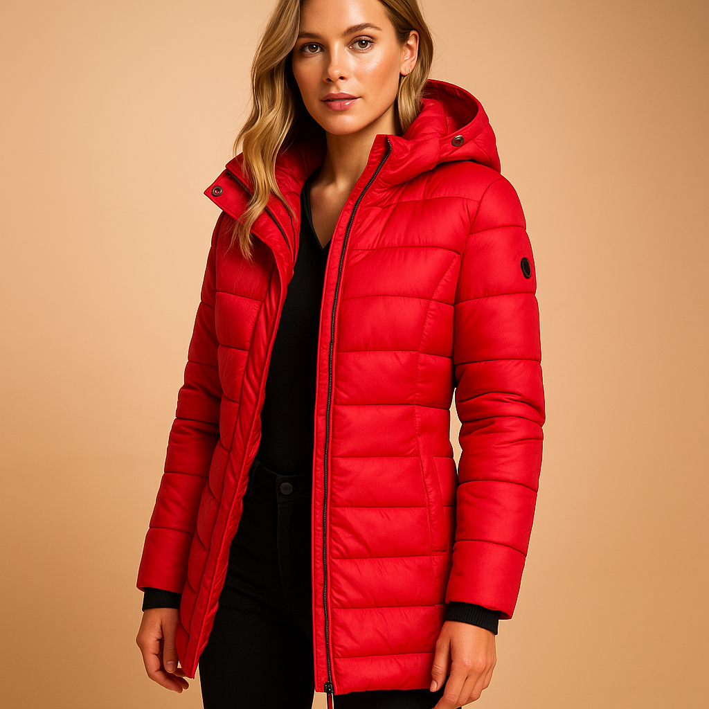 Faye lightweight puffer jacket in red, open front view with hood