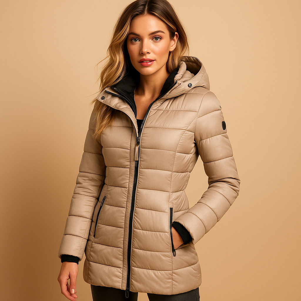 Faye lightweight puffer jacket in khaki, three-quarter front view