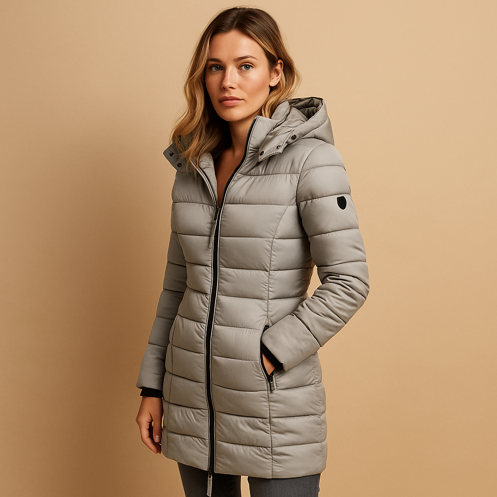 Faye lightweight puffer jacket in grey, front view with zipped side pockets