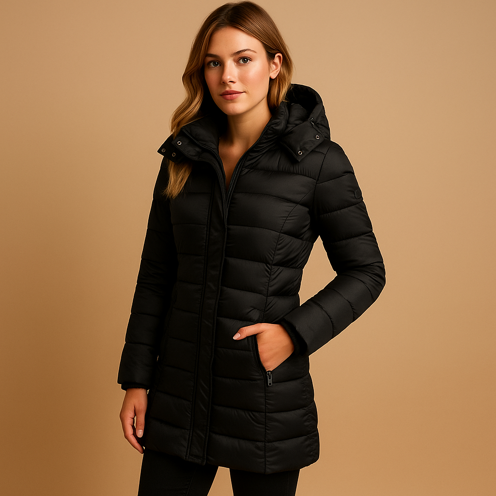 Faye lightweight puffer jacket in black, full-length front view with hood