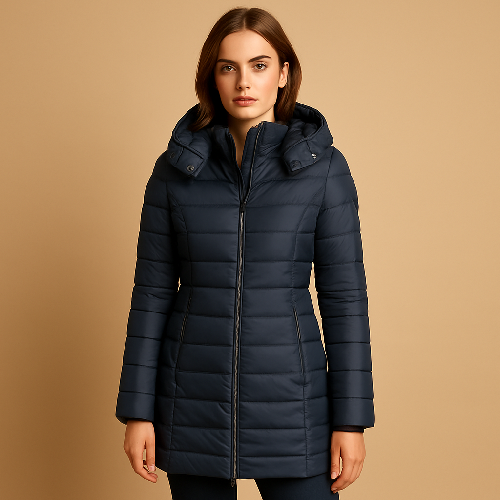 Faye lightweight puffer jacket in navy blue, straight front view