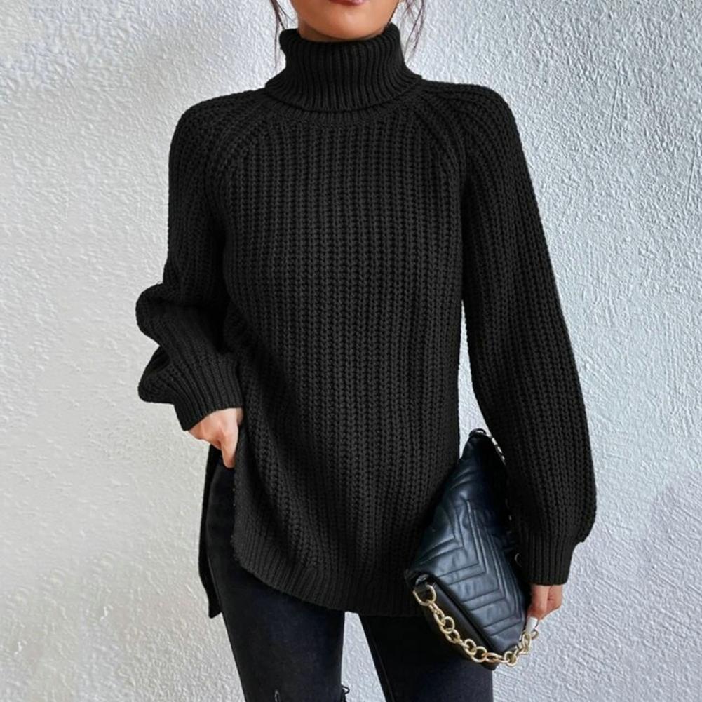 Averys elegant knit sweater in black, front view with turtleneck collar