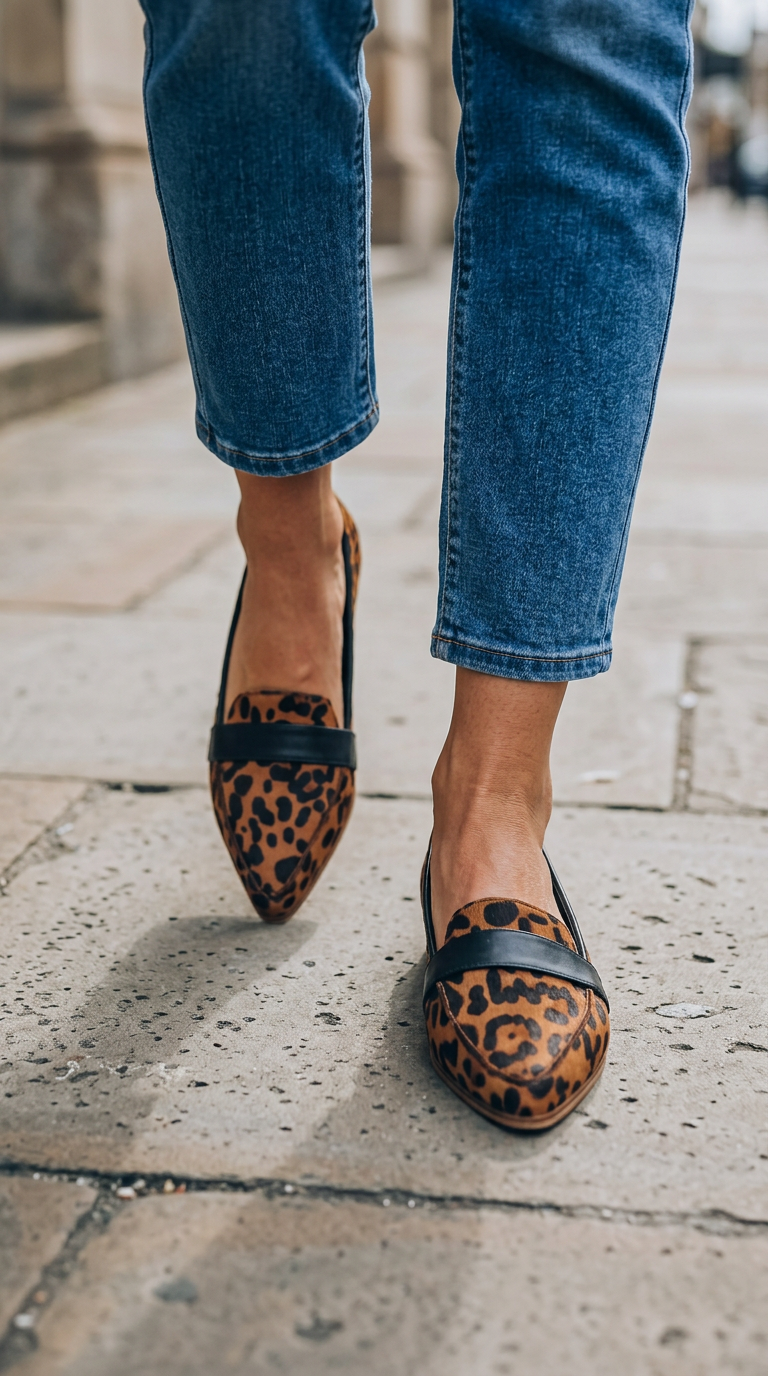 Leopard print pointed toe loafers worn walking on a city pavement