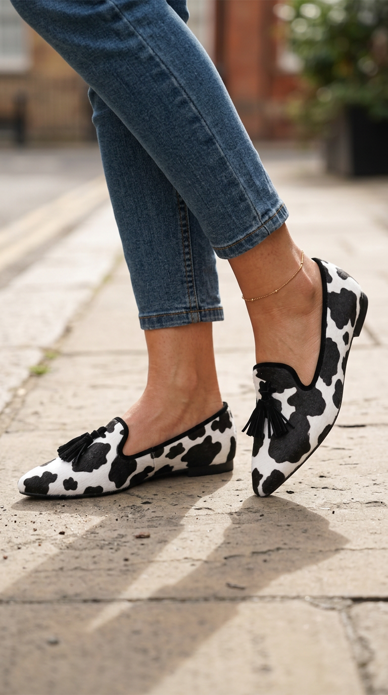 Ginevra cow print loafers worn with cropped jeans, street view