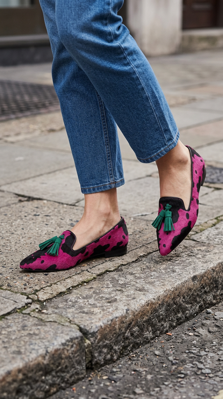 Ginevra fuchsia cow print loafers worn with cropped jeans on a city street