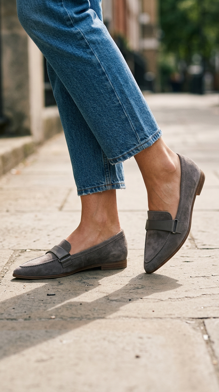 Grey suede pointed toe loafers with leather band, walking side view