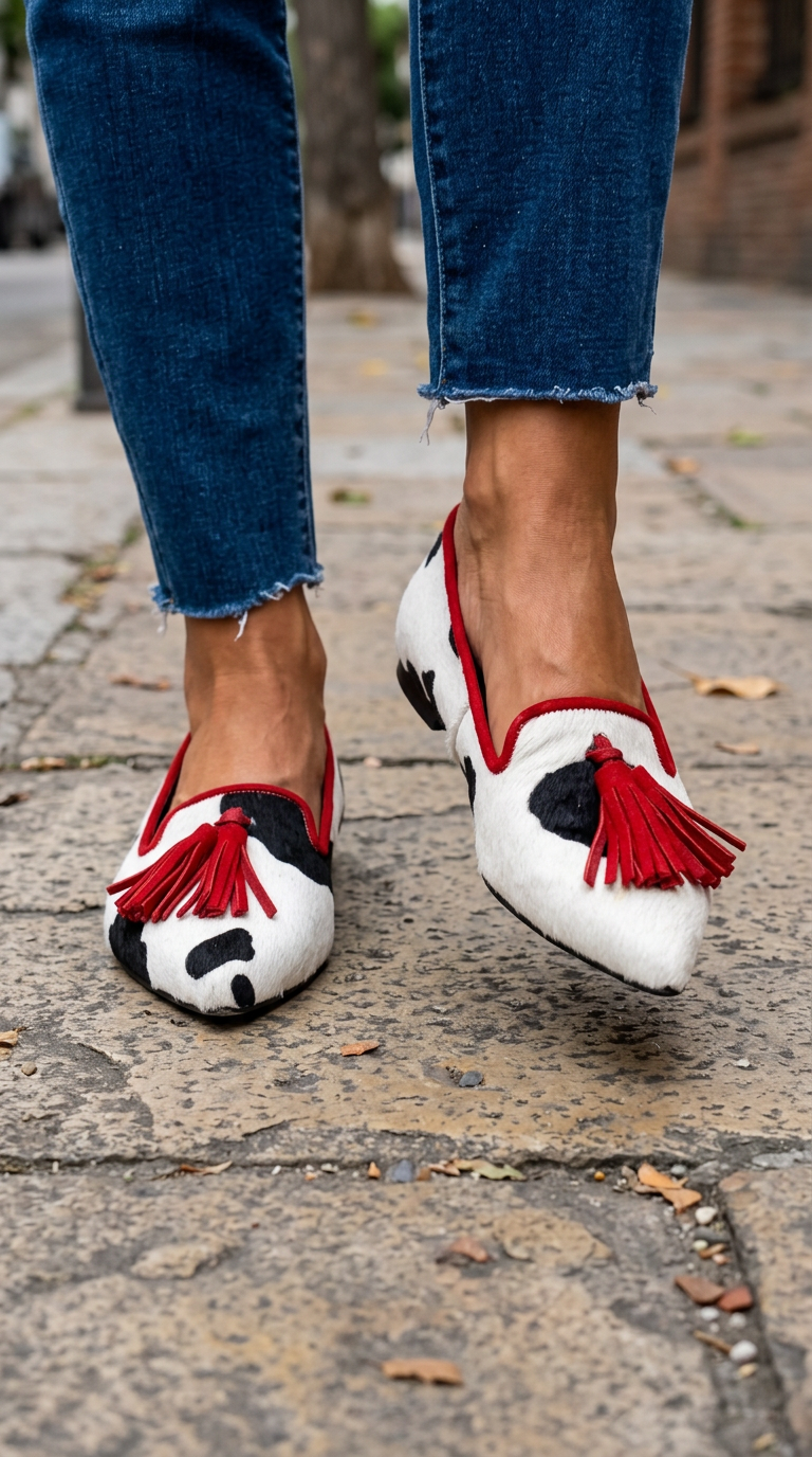 Ginevra cow print loafers in motion on a pavement, back view