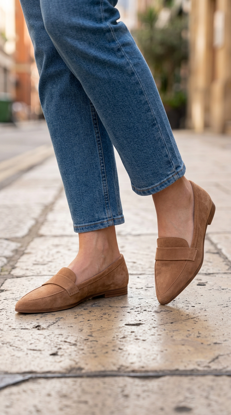 Camel suede pointed toe loafers worn on a cobbled street