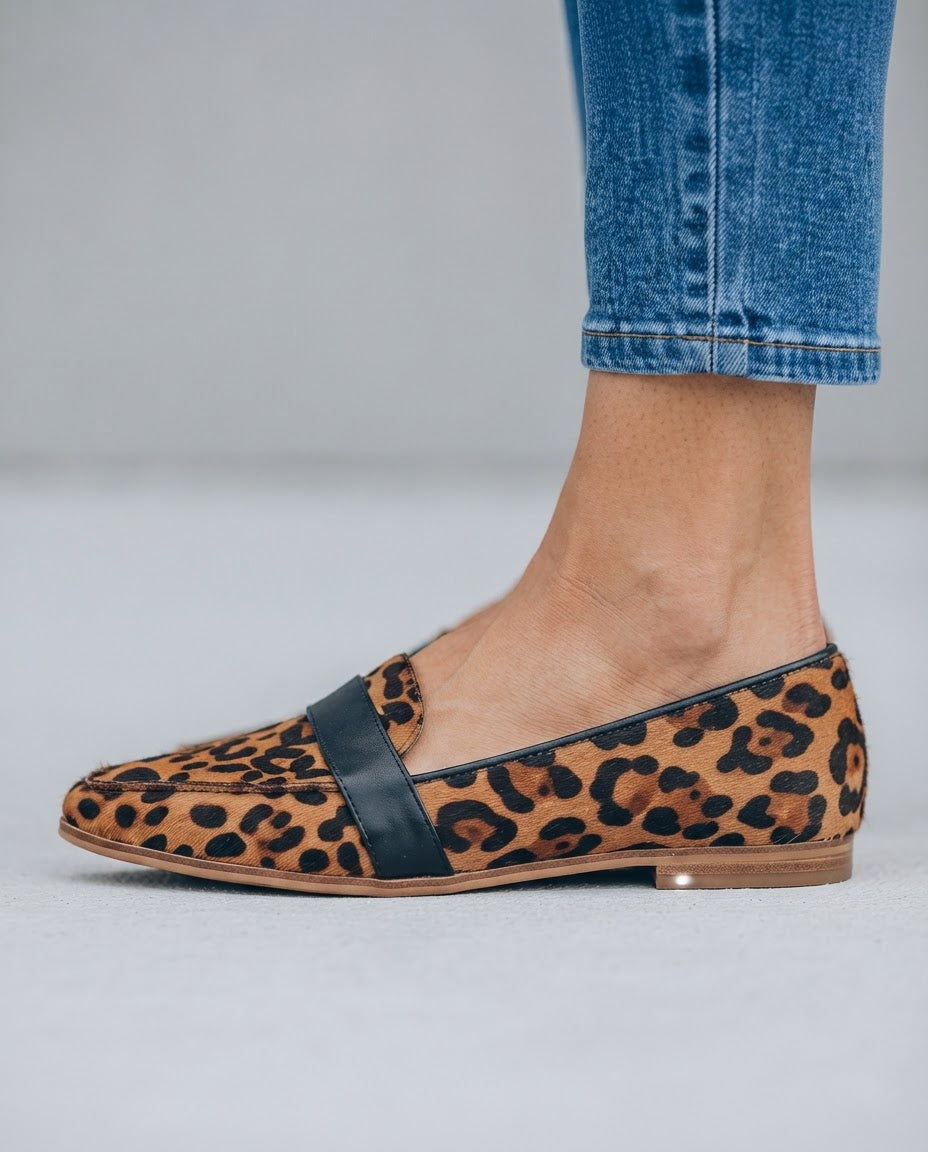 Leopard print loafer side profile showing low heel and slim sole