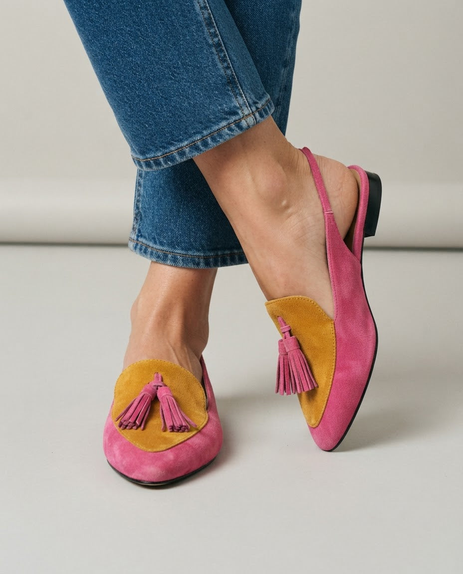 Elena slingback flats in fuchsia and mustard, three-quarter view of both shoes