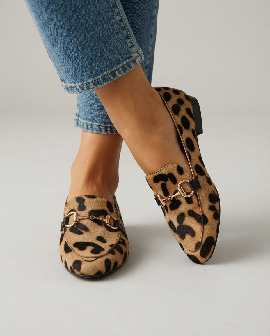 Serena leopard horsebit loafers in camel, worn with cropped jeans