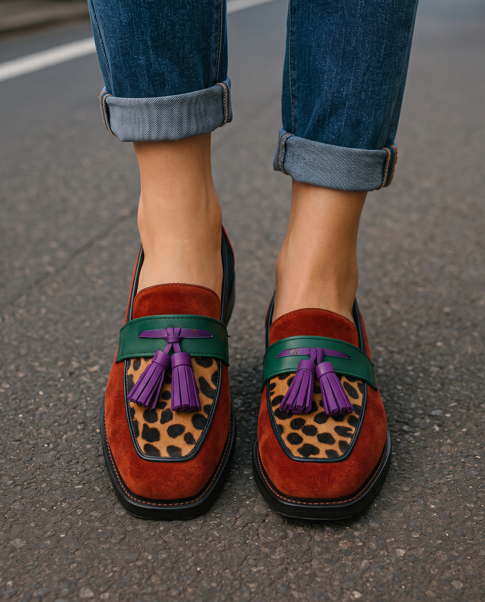 Matilde colourblock leopard loafers in brick suede, front view worn with cuffed jeans