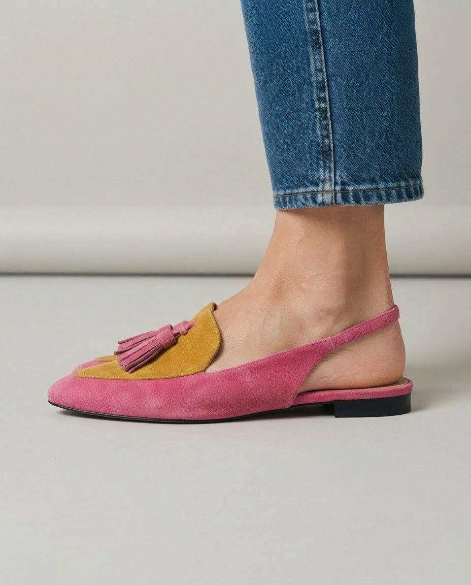 Elena slingback flats in fuchsia and mustard, side view showing tassels and back strap