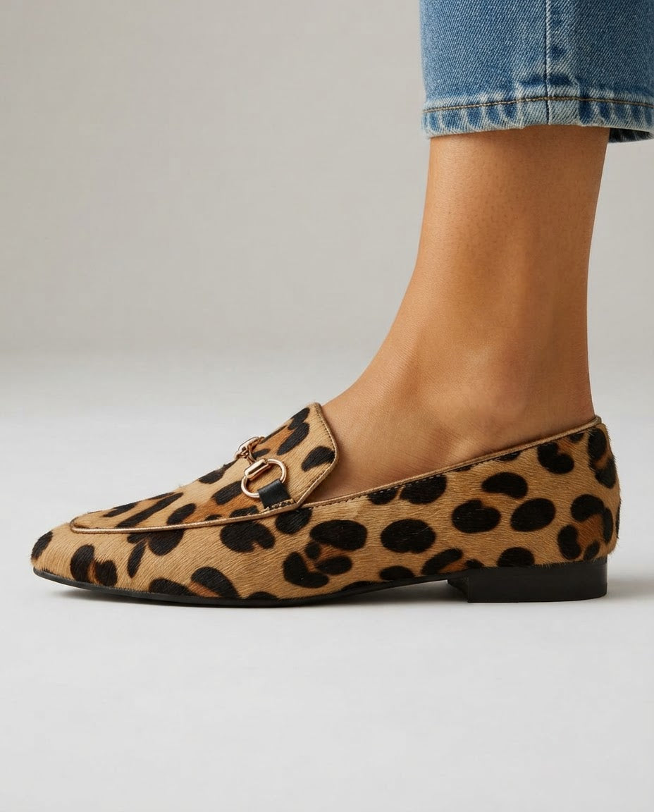 Serena leopard horsebit loafers in camel, side profile on foot