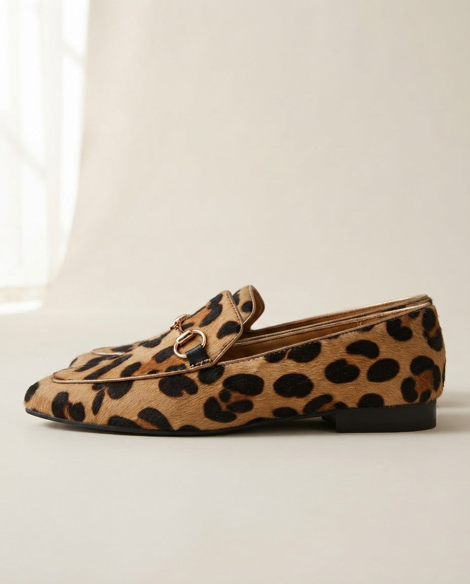 Serena leopard horsebit loafer in camel, side view on plain background