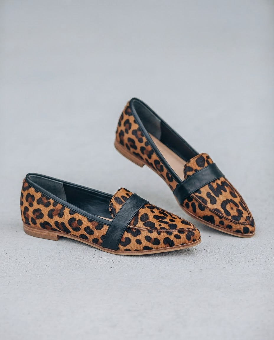 Leopard print pointed toe loafers with black band, product pair view