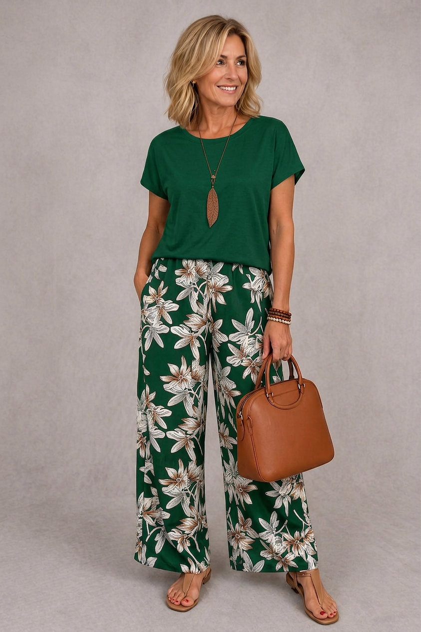 Rosie floral two-piece set in green, full-length front view