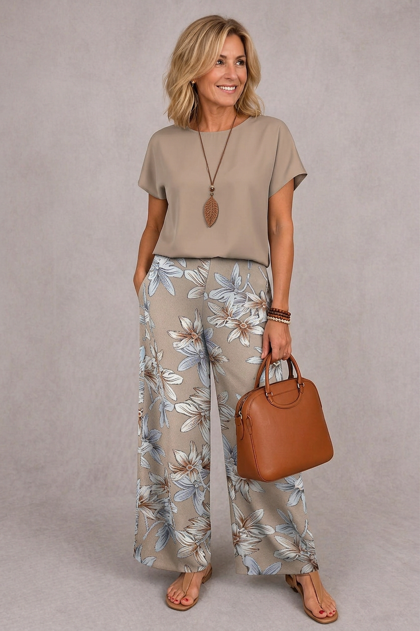Rosie floral two-piece set in khaki, full-length front view