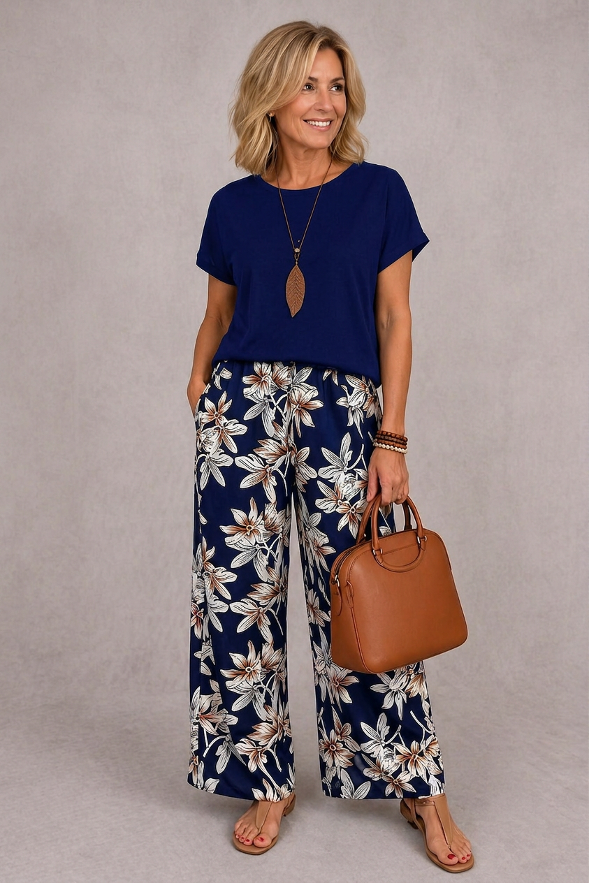 Rosie floral two-piece set in navy blue, full-length front view