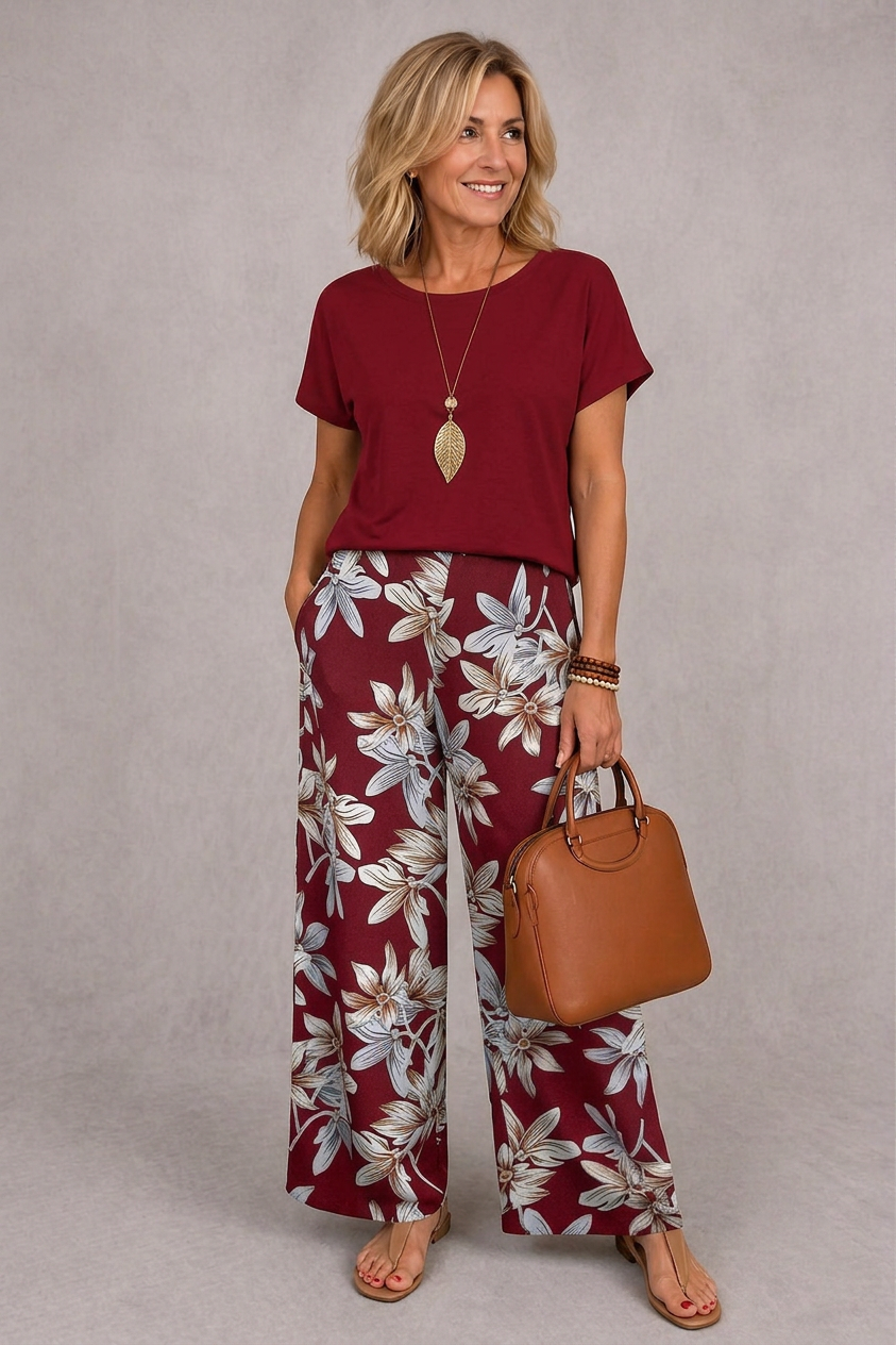 Rosie floral two-piece set in red, full-length front view