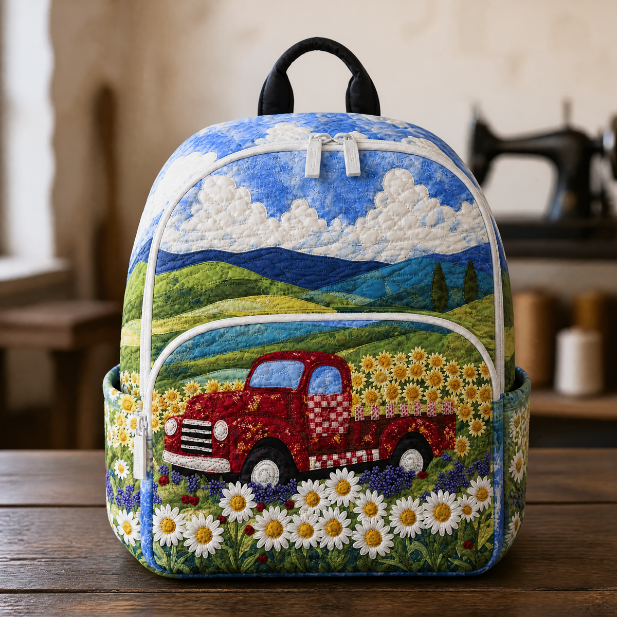 Red vintage quilted backpack with truck, sunflower and daisy print, front view