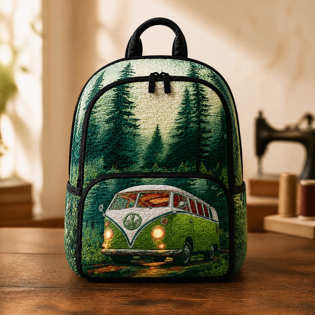 Vintage camper quilted backpack in green with forest and camper van print, front view