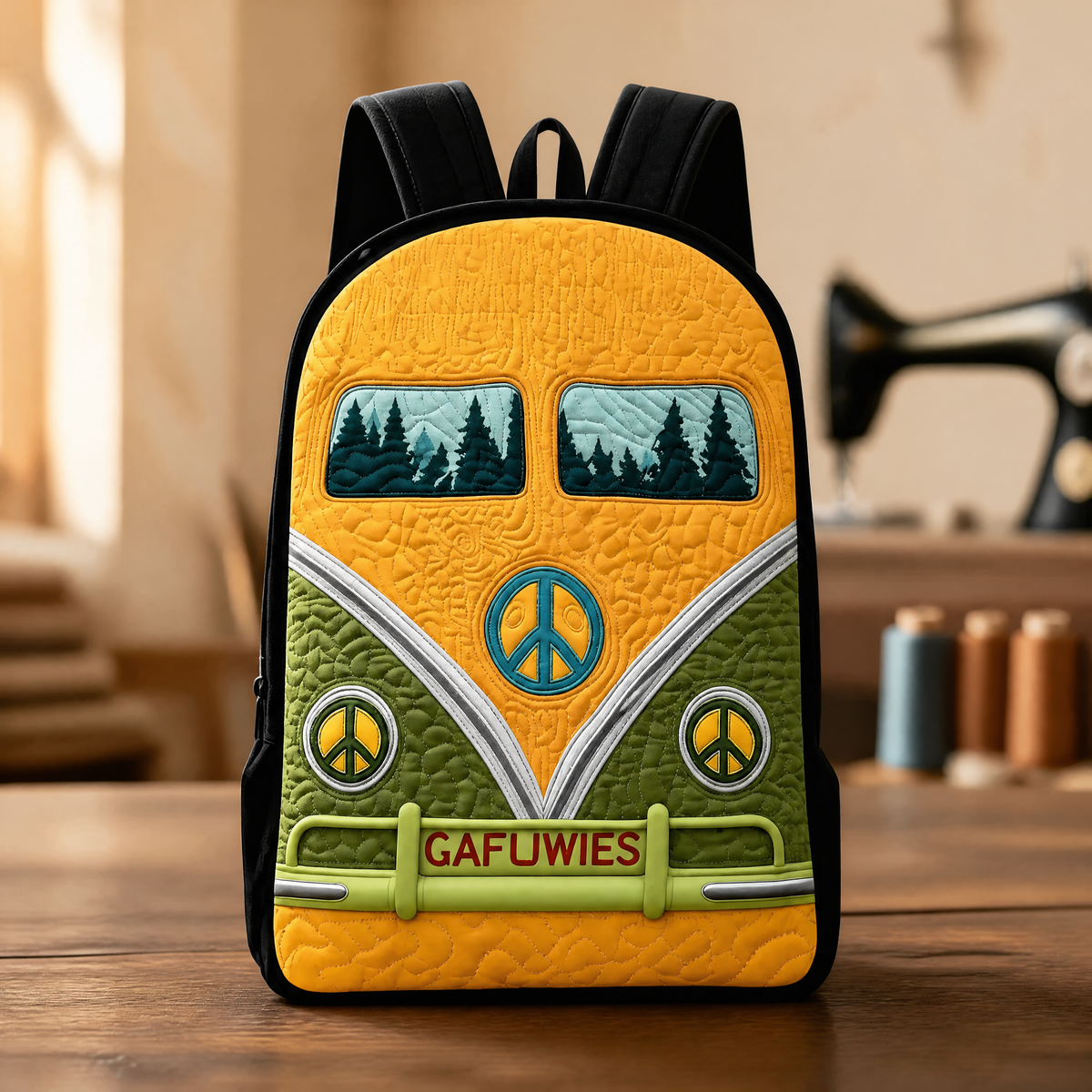 Quilted backpack in yellow and olive green with camper van design and black straps
