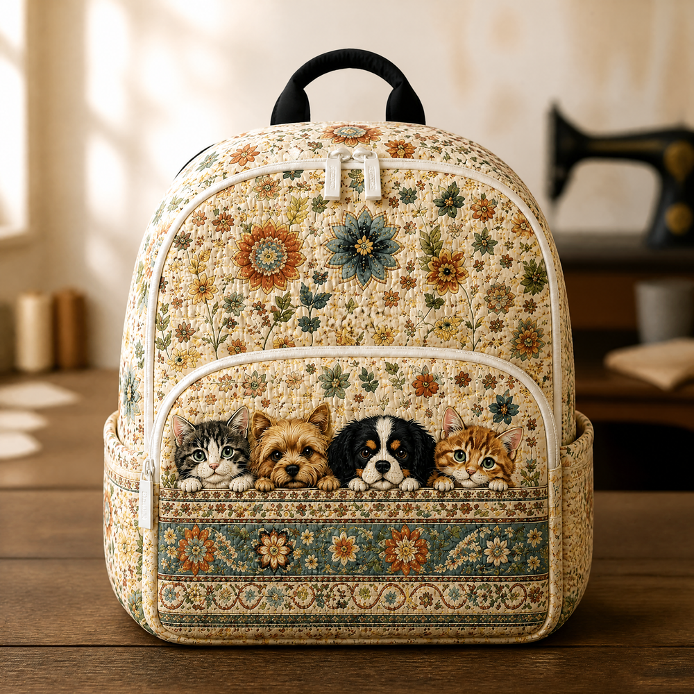 Floral boho backpack in cream with cats and dogs on the front pocket, front view