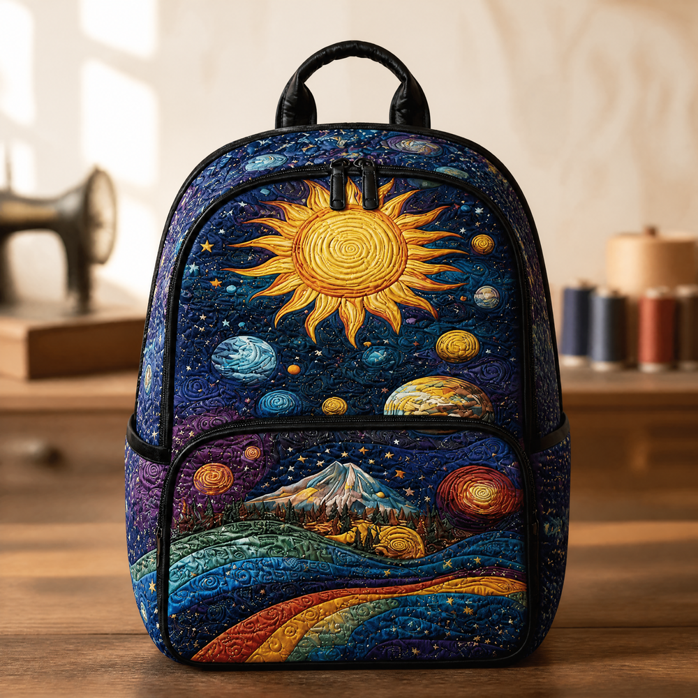 Sun and mountains quilted backpack in deep blue, front view with zip pocket
