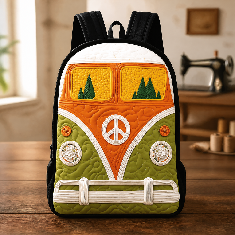 Hippie peace sign backpack in orange, olive and cream, front view
