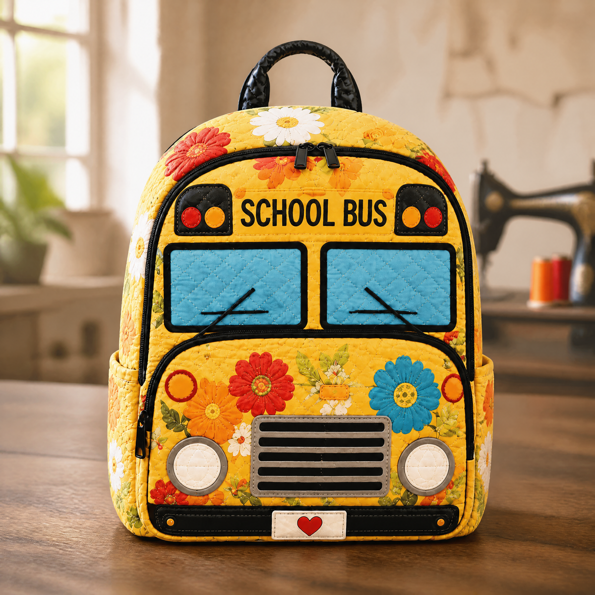 Floral print quilted backpack in yellow with school bus design, front view