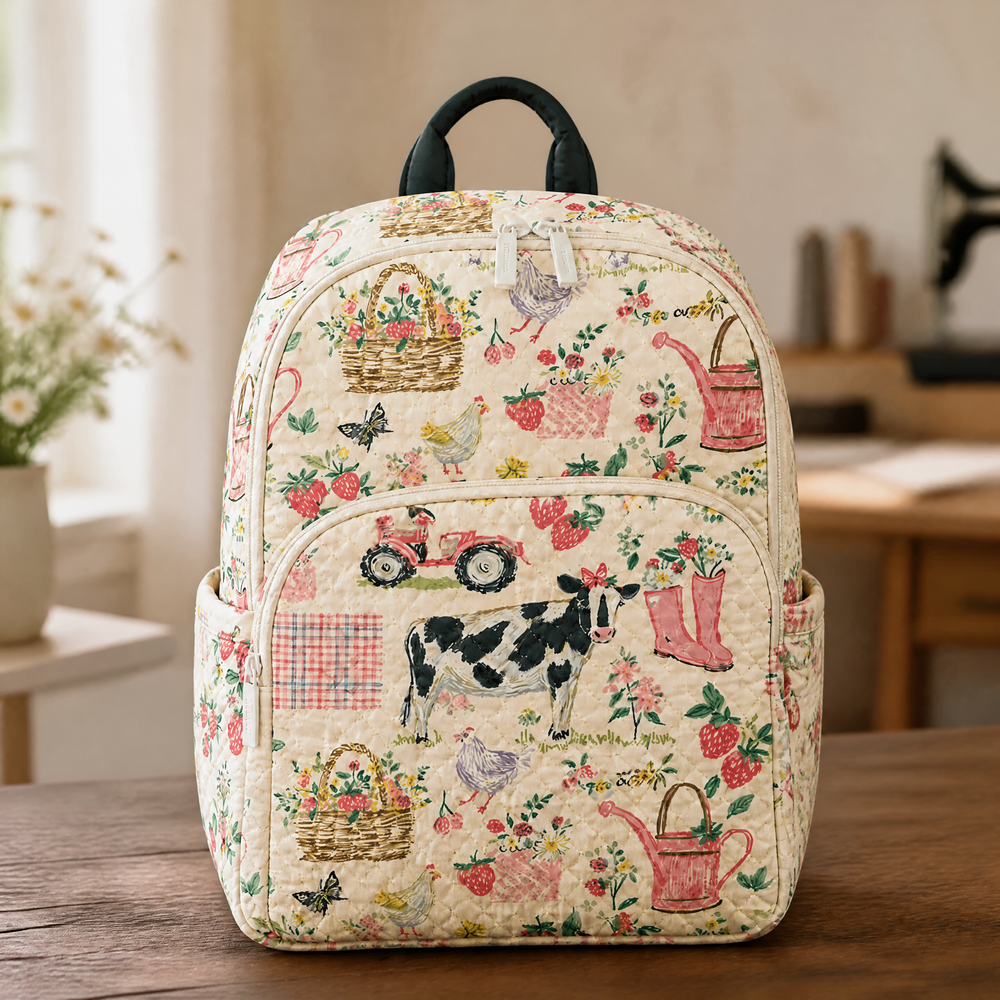 Country cottagecore quilted backpack in cream with cow, hen and strawberry print, front view