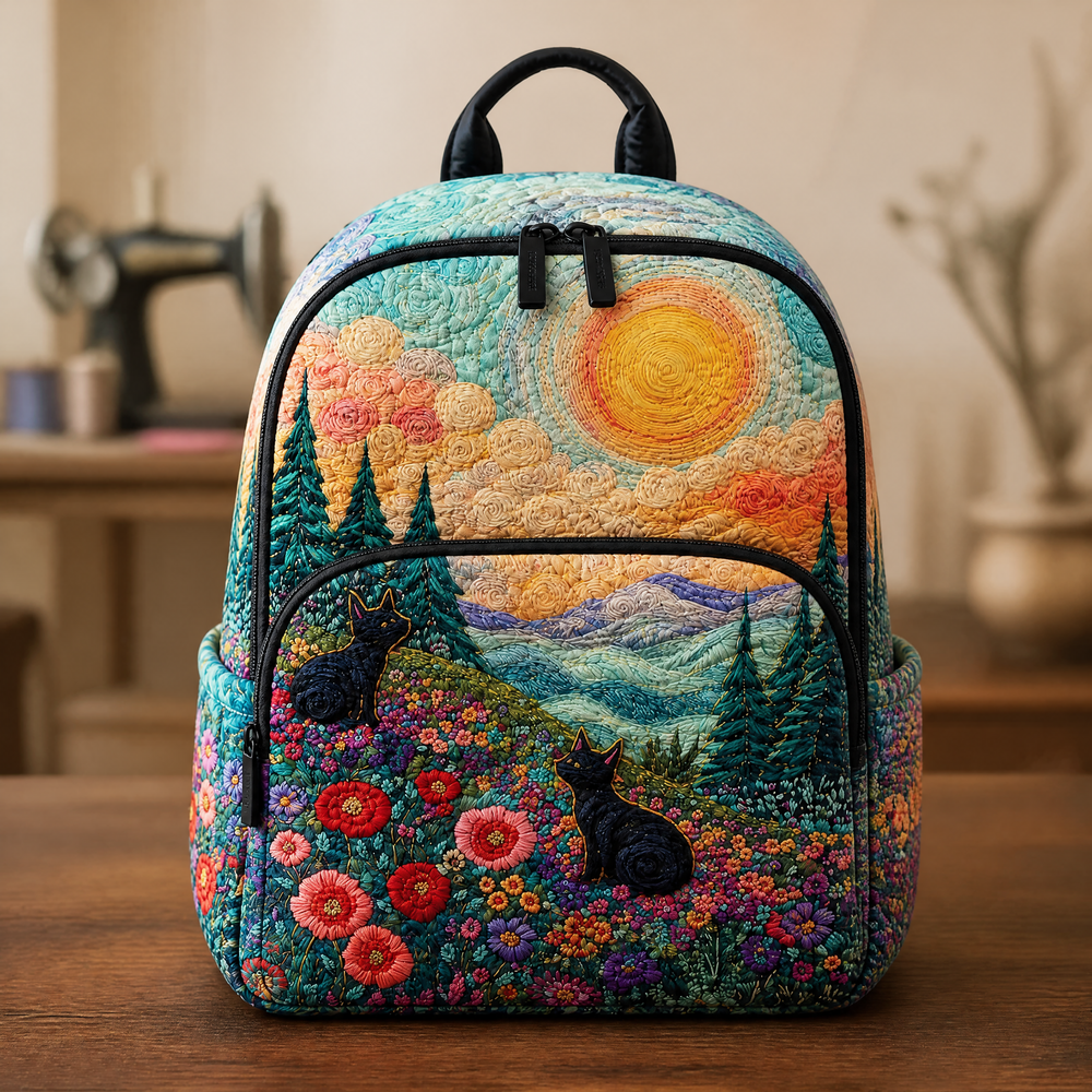 Quilted backpack with floral mountain and cat scene in multicolour, front view