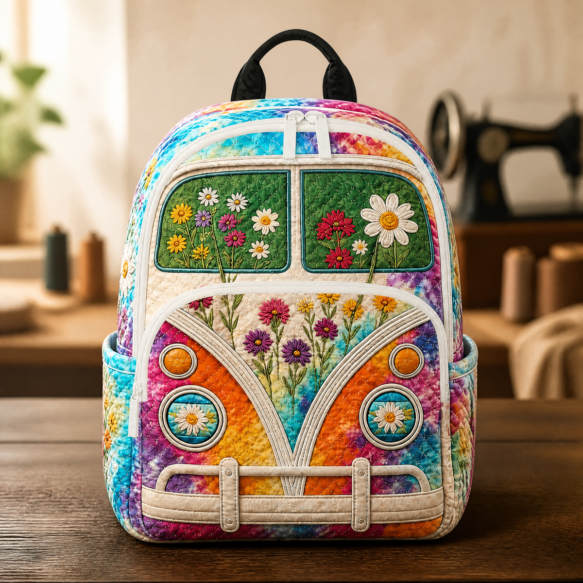 Hippie camper van quilted backpack in rainbow tie-dye with floral design, front view