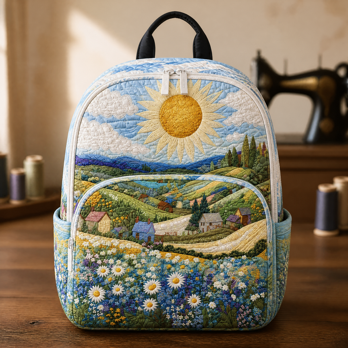 Padded quilted backpack with sunny countryside and daisy meadow print, front view