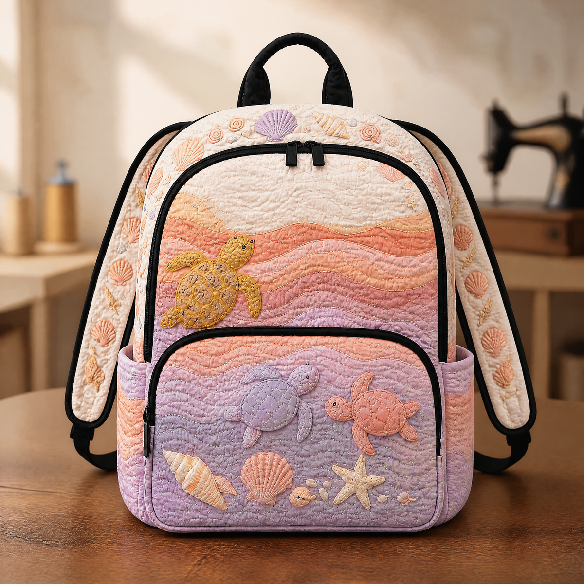 Sea turtle quilted backpack in peach and lilac, front view with zip pocket