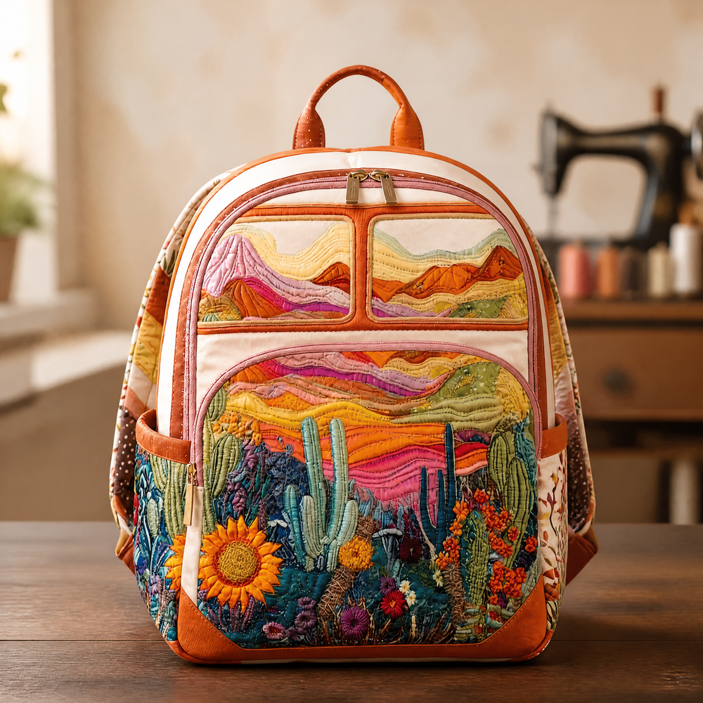 Desert cactus backpack in multicolour with terracotta trim, front view