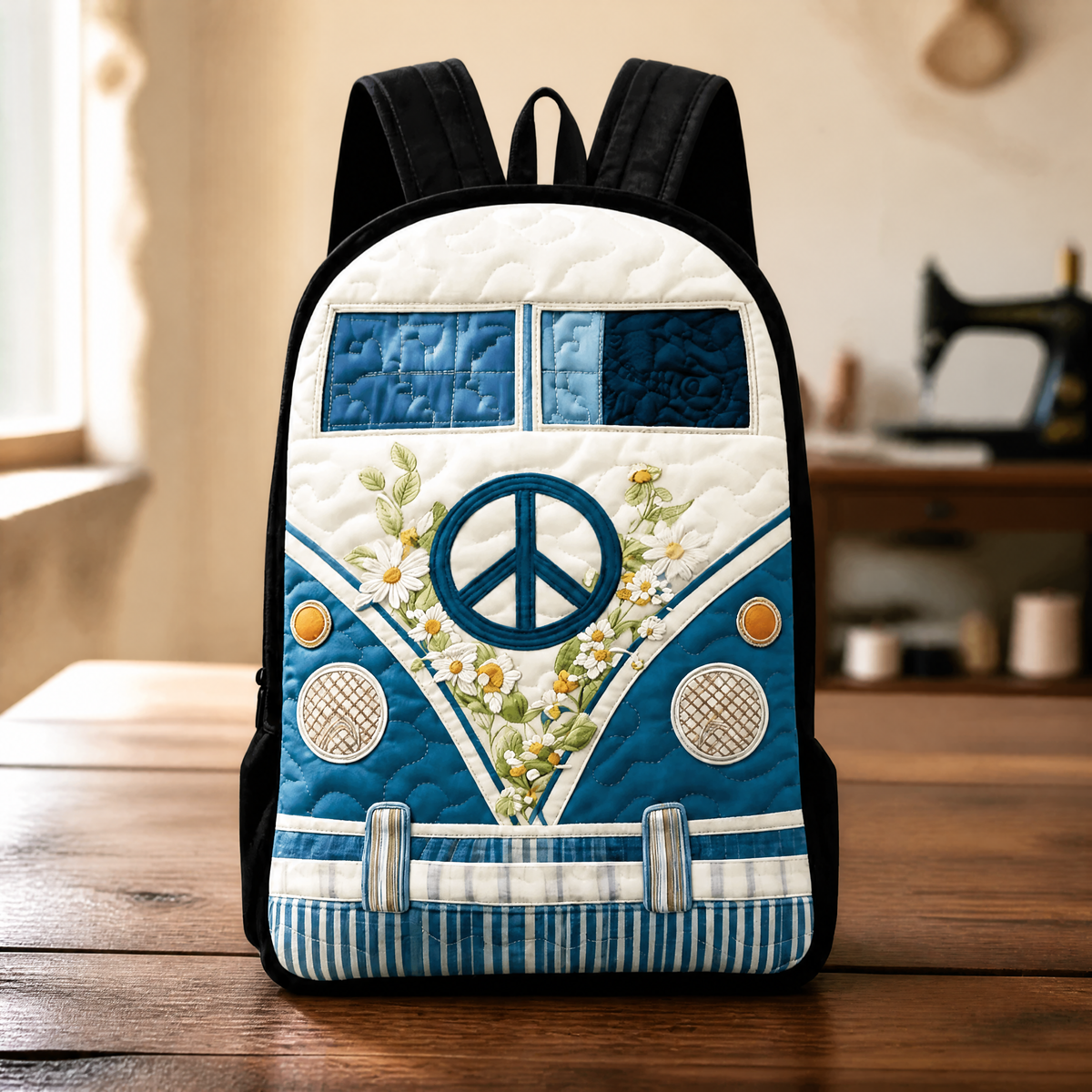 Retro camper quilted backpack in blue and cream with black straps, front view