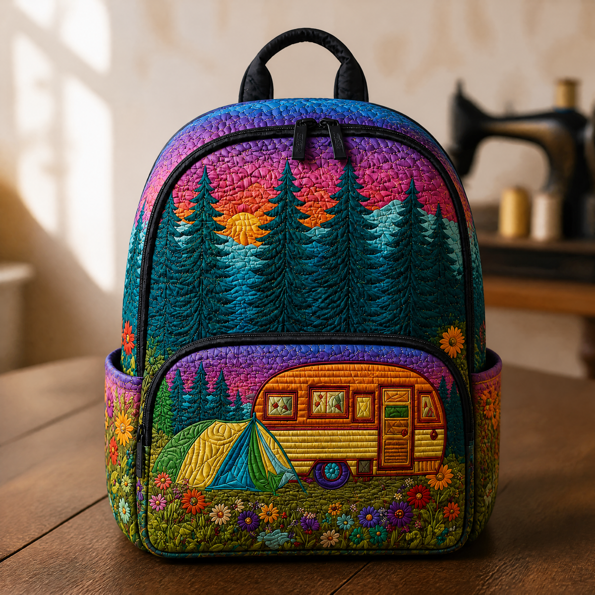 Camping Vibes quilted backpack with embroidered camper van, tent and pine forest print, front view